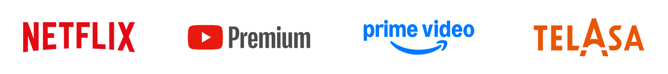 NETFLIX Youtube Premium Prime video TELASA のロゴ